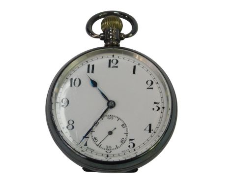 A George silver cased pocket watch, open-faced, keyless wind, the circular white enamel dial bearing Arabic numerals, subsidi