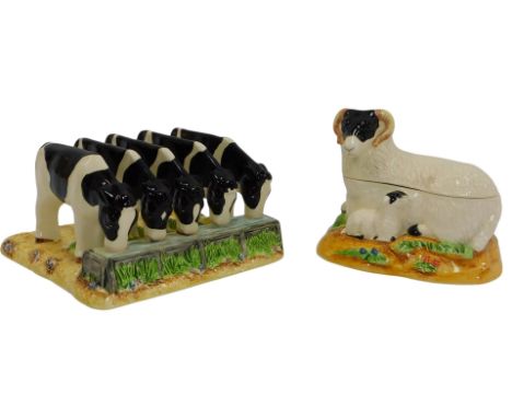 A Border Fine Arts James Herriot's Country Kitchen Five Calves toast rack, 470880, 17cm wide, together with a sheep sugar bow