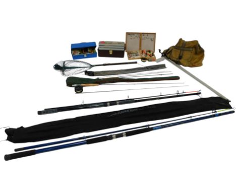 Various fishing tackle, including a Greys fly rod, beach caster rod landing net, fly reels, fly's further accessories, etc. (