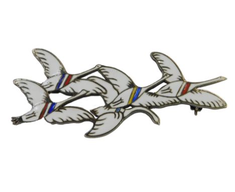 A Danish enamel five bird brooch, by Erik Magnussen, stamped 930S Sterling, Made in Denmark, 5.5cm wide. 