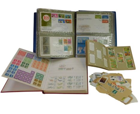 An album containing first-day covers, including British Commonwealth Games, Dickens and Wordsworth 1970, British Rural Agricu