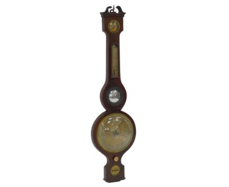 A Georgian mahogany and boxwood inlaid banjo barometer, by A. Guarnerio St Ives, with a circular silvered dial and thermomete