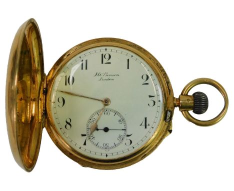 An 18ct gold full hunter pocket watch, by J W Benson, London, the circular white enamel dial bearing Arabic numerals and subs