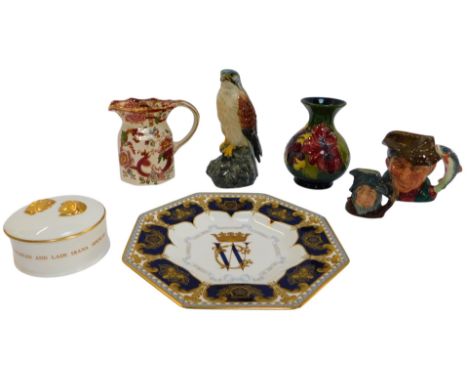 A group of ceramics, including a Moorcroft pottery vase, decorated in the Hibiscus pattern, 13cm high, (AF), a Masons Mandala