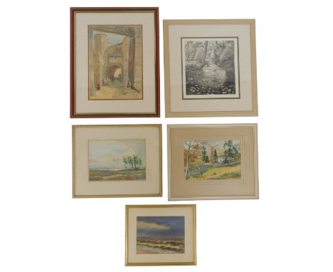 A group of pictures, including Janet Rawlins. Cottage scene, watercolour, signed, 18.5cm x 25.5cm, together with V Lucas. Con