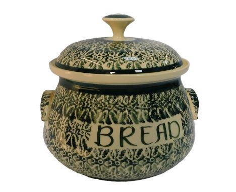 A Tranquilline England pottery lidded bread bin, of twin-handled form, with green stamped floral decoration and named 'Bread'