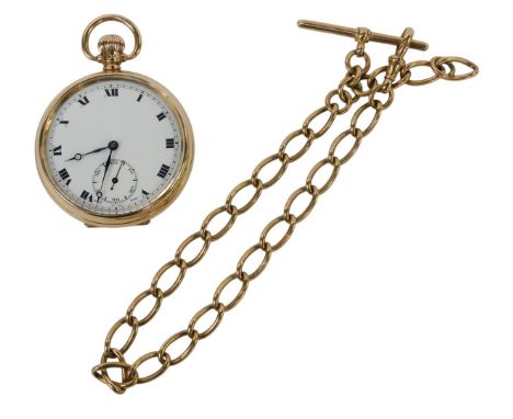 A George V 9ct gold cased open faced pocket watch, the white enamel dial bearing Roman numerals and subsidiary seconds, the c