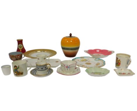A group of ceramics, including a Shelley porcelain teacup and saucer, a Wedgwood jar and cover, decorated in coloured bands o