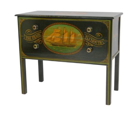 An oak chest of drawers, later painted to the top with a compass rose and bearing date 1891, the two drawers to the front pai