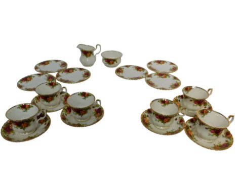 A Royal Albert Old Country Roses pattern porcelain part tea service, comprising six teacups and saucers, milk jug, sugar bowl