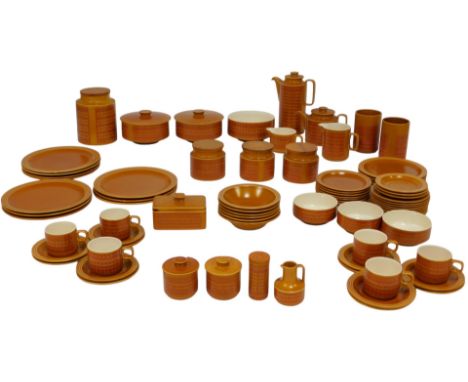 A Hornsea Saffron pattern pottery part tea and dinner service, to include teapot, dinner plates, side plates, teacups and sau