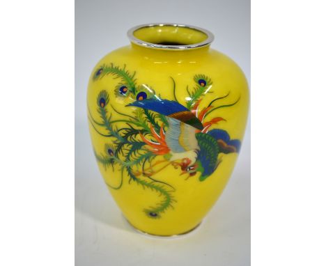 A Japanese lemon yellow cloisonne enamel vase with white metal mounts, decorated with a ho-ho or other mythological bird, 16c
