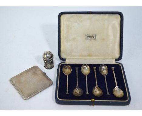 A cased set of six silver seal-top coffee spoons, Harrods Ltd., London 1937, to/w an engine-turned powder compact with gilt i