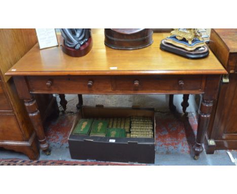 A Victorian mahogany small library table, the rectangular top with moulded edge over two frieze drawers with turned pulls, ra