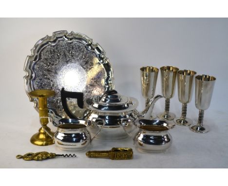 A Viners electroplated three-piece tea service, to/w four goblets, tray and brassware (box)