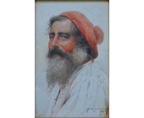 Continental school - Portrait of a bearded gentleman in a red beret, watercolour, indistinctly signed lower right, 25 x 16 cm