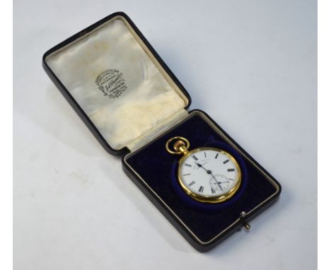 An Edwardian 18ct gold open faced pocket watch with top-wind English movement and enamel dial, by F A Chandler of Leamington 