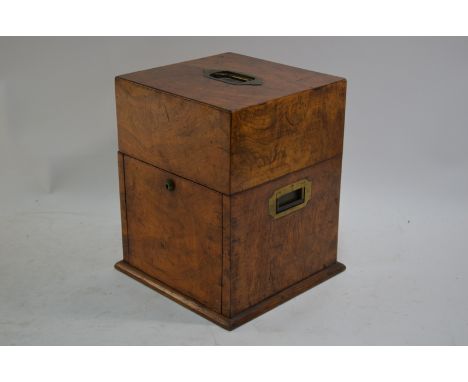 A Victorian burr walnut decanter box of square form with lacquered brass flush fittings and Bramah lock, the hinged top over 