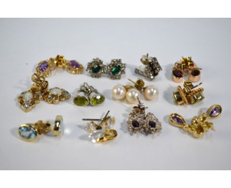 Eight pairs of stone set earrings, mostly yellow metal set including cultured pearls, amethyst, garnet, opal, peridot, to/w f