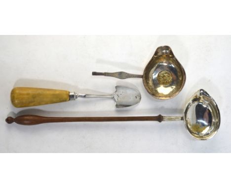 A George III silver stilton scoop with ivory handle, William & Samuel Knight, London 1810, to/w an unmarked punch ladle on tu