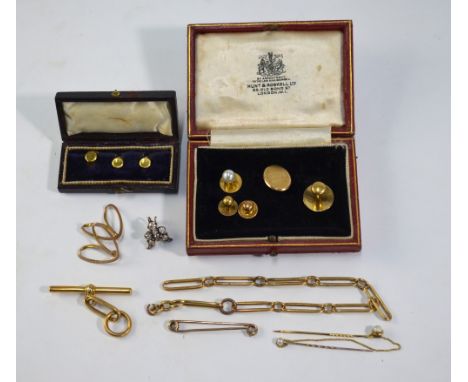 Various gold items including double stick pin interlinked by fine chain, four dress studs, tie pin, napkin clips, part Albert