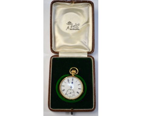 An Edwardian lady's 18ct fob watch with top-wind movement no 38046 (unnamed), enamel dial with subsidiary seconds dial and bl