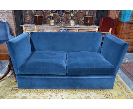 A classic country house Knole sofa, upholstered in blue velvet, 215 cm wide x 104 cm deep x 100 cm high   Condition Report  W