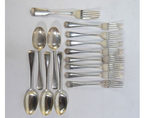 Eight various OEP silver dessert forks and five spoons, to/w a Wm. IV fiddle pattern table fork, 23 oz