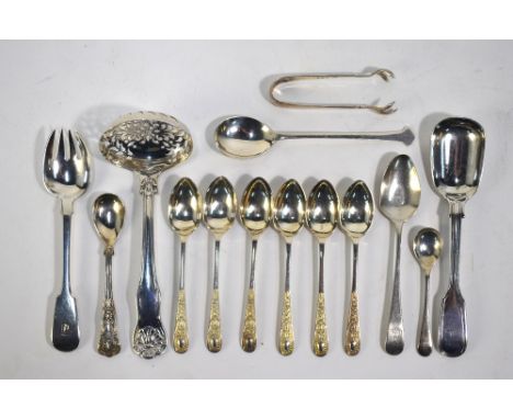 A quantity of flatware, including William IV fiddle, thread and shell sifter ladle with oval bowl, William Eaton, London 1833