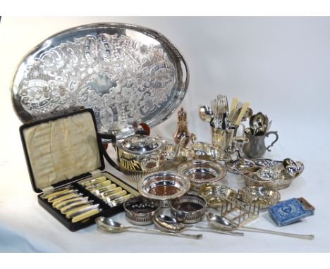 An epns oval wine tray with pierced gallery, to/w a pierced bonbon dish, thistle-shaped sugar basin, teapot, flatware, etc. (