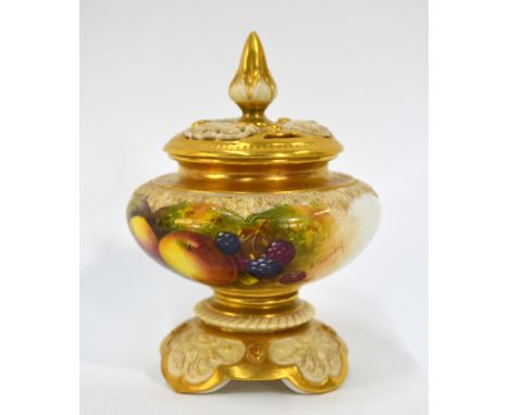 Royal Worcester pot pourri vase with pierced and gilded cover, painted with apples and blackberries against a naturalistic gr