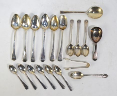 A Victorian fiddle pattern silver caddy spoon, London 1852, to/w a quantity of Georgian and later teaspoons, etc. 7 oz