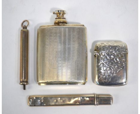 An engine-turned silver handbag scent atomiser with electroplated patent top, Birmingham 1928, to/w a foliate engraved vesta 