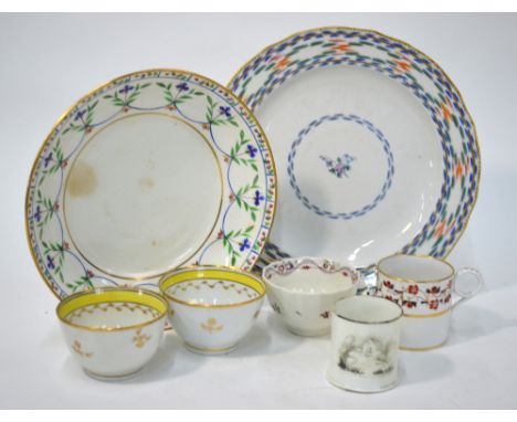 A small collection of early English porcelain and china comprising :  a Derby plate with polychrome dash decoration, puce pai