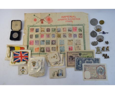 A quantity of cigarette silks including military badges, etc. - to/w a silver Naval, Military & Air Force Tournament 1919 pri