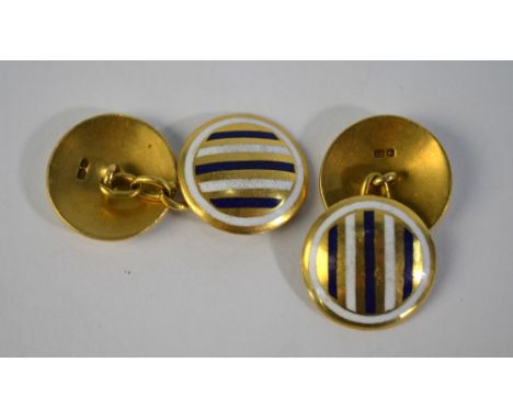 A pair of 18ct yellow gold circular chain link cufflinks with black and white enamel banding, and surround, approx 12.5g