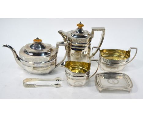 A matched silver five-piece tea service of elongated octagonal form with engraved decoration, comprising a Regency teapot on 