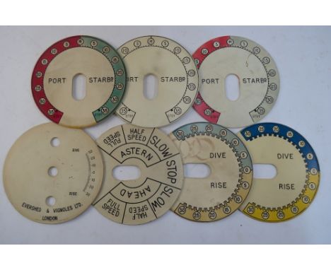 Seven various 7in Naval instrument dials - three submarine rise/dive, 3 port/starboard rudder controls and engine room
