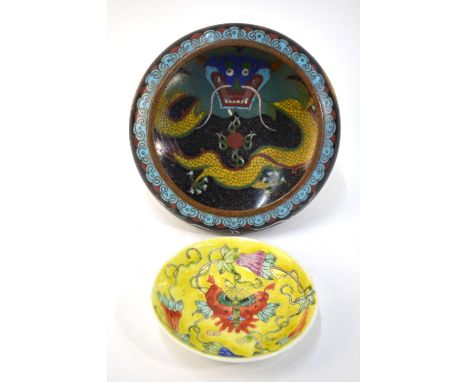 A Chinese cloisonne enamel, circular brushwasher or other vessel, decorated with coiled five-clawed dragons, 14cm diameter; t