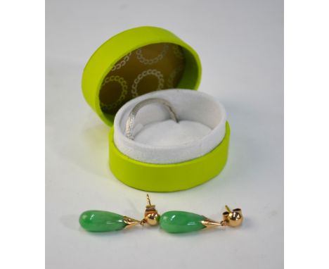 A pair of green jade drop earrings, yellow metal set