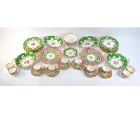 A Victorian Staffordshire part dessert service, green ground painted with floral centres, comprising:  two oval and two circu