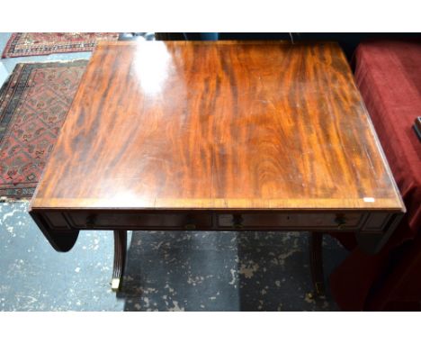 A Victorian cockbeaded mahogany sofa table, the rectangular top with drop ends over two frieze drawers to each side, raised t