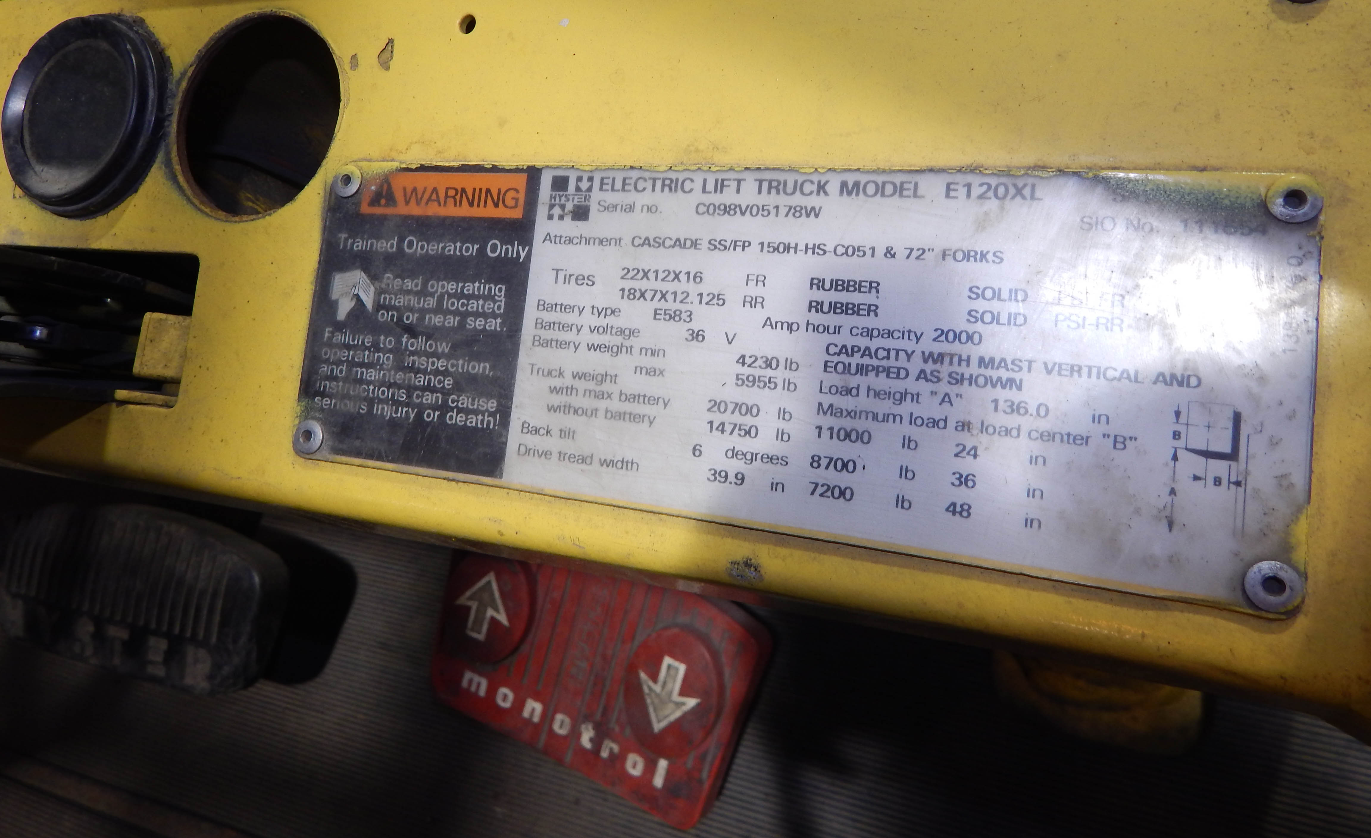 HYSTER E120XL ELECTRIC FORKLIFT WITH, 11,000LBS CAP, 136" MAX REACH, 2