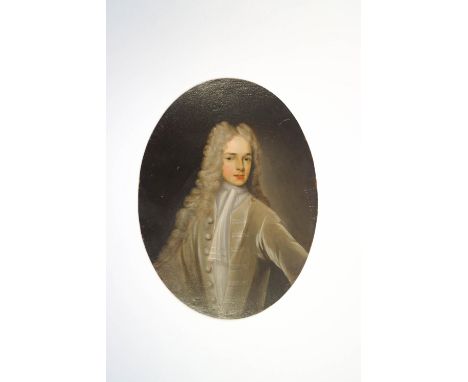English School, early 18th Century, Portrait of a gentleman wearing a grey frock coat, oil on copper, 14cm x 10.5cm, unframed