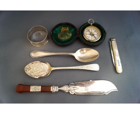 A Dolland of London compass within a leather Negretti & Zambra compass case, together with a silver bladed and mother of pear