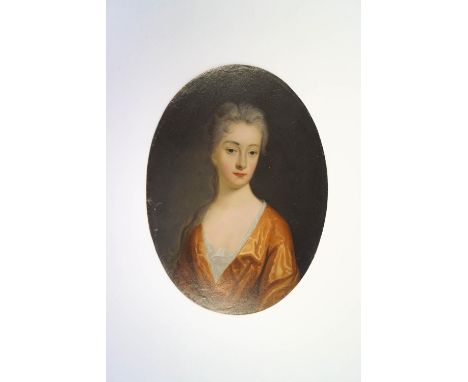 English School, early 18th Century, Portrait of a lady wearing a brown dress, oil on copper, 14.5cm x 10.5cm