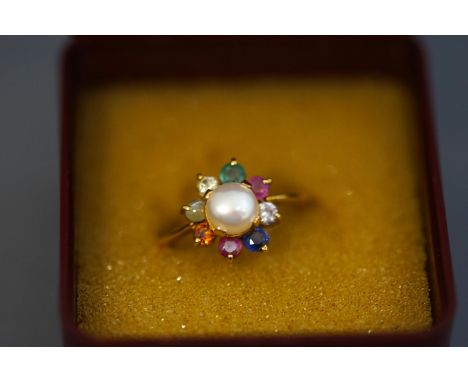A multi gem and freshwater cultured pearl cluster ring, indistinctly marked, finger size N, 2.4 g gross, cased