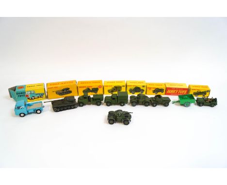 A collection of boxed DInky military vehicles and others: Army Water Tanker 643, Army I-Ton Cargo Truck 641, two Armoured Car