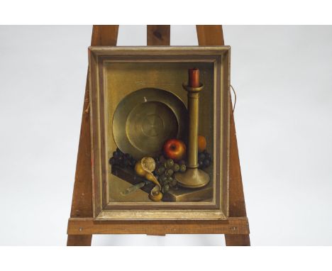 Reekie, 20th century, Still Life of fruit with a pewter plate and candlestick, oil on canvas, signed and dated 1956 lower rig