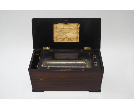 A Victorian Swiss simulated rosewood music box, the lid inlaid with musical motifs, playing six airs, 52cm wide